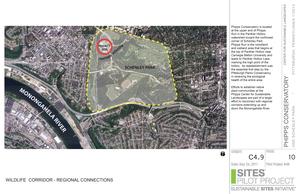 The context plan locates the Center for Sustainable Landscapes (CSL) and the larger Phipps campus within Schenley Park in the City of Pittsburgh’s Oakland neighborhood, where it is neighbored by Carnegie Mellon University and Phipps Run, a woodland and wetland area. - Photo Credit: Phipps Conservatory and Botanical Gardens