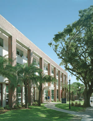 This image of Rinker Hall's west elevation shows the building's main entry - Photo Credit: Timothy Hursley