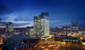 This nighttime photo shows the aerial view from the southeast. - Photo Credit: Gerry Kopelow