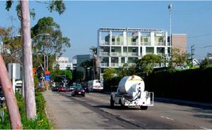 This view shows the south elevation from the Santa Monica freeway entry into downtown Santa Monica. - Photo Credit: Marvin Rand