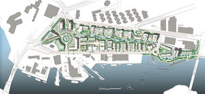 Dockside Green's built surroundings and relation to the shoreline are shown in this context plan. - Photo Credit: Busby Perkins+Will