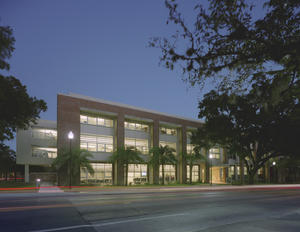 This photo shows Rinker Hall's west elevation at dusk. - Photo Credit: Timothy Hursley