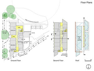 These drawings show the building's first floor, second floor, and roof plans. - Photo Credit: Croxton Collaborative Architects, P.C.