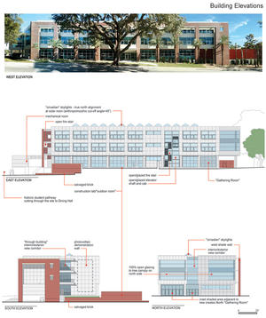 The photo and drawings shown here represent the building's elevations. - Photo Credit: Croxton Collaborative Architects, P.C.