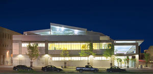 This photo of the Resource Center's west elevation shows the building's exposed structural frames. - Photo Credit: Thomas McConnell