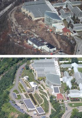 These pre- and post-construction aerial photographs locate the CSL building, landscape, paths and nearby roads within the larger-campus context of Phipps Conservatory and Botanical Gardens. - Photo Credit: Hawkeye Aerial Photography