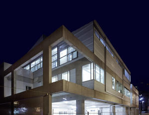 This photo of the Resource Center's alley elevation shows the anticipatory lightwell. - Photo Credit: Thomas McConnell