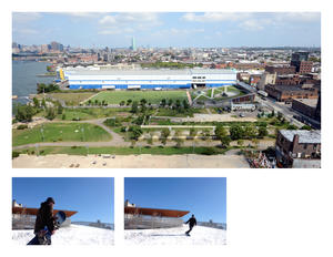 (top) Aerial view of park and building; (bottom) Active Design usage, snowboarding on roof 1/22/2014 - Photo Credit: (top) Malcolm Pinckney © 2013 New York City, NYC Parks ; (bottom) Jeremy Moseley