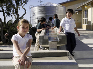 The cistern shown in this photograph provides water for toilet flushing and is an educational resource for the school. - Photo Credit: Michael David Rose