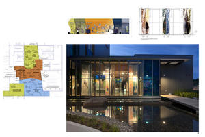 The interpretive area, looking across the pond. Drawings illustrate some of the educational tools used. - Photo Credit: Nic Lehoux/Miller Hull