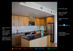 This annotated photograph of a kitchen shows sustainable material strategies used in Synergy at Dockside Green dwellings. - Photo Credit: Busby Perkins+Will