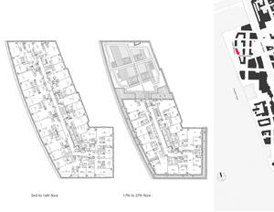 These three plans show typical apartment layouts for the lower, larger floor plates; the upper, smaller floor plates; and a plan view of the roof garden. An overall site plan is included, showing 20 River Terrace within the greater context of Battery Park City and the southwestern edge of lower Manhattan. - Photo Credit: Cesar Pelli & Associates