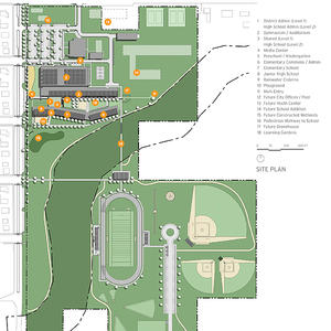 Site: The school grounds shown in this computer rendering are located along Main Street, in the heart of the community, to promote walkability and provide access to facilities that will be shared by the community. - Photo Credit: (c) BNIM