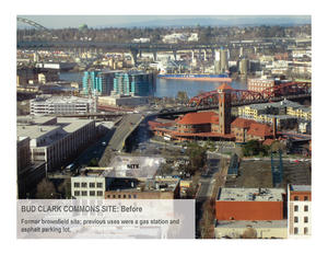 Bud Clark Commons' brownfield site was previously occupied by a gas station and asphalt parking lot. - Photo Credit: Holst Architecture / Photo by SkyShots