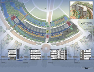 This drawing shows the floor plan of the office, which is laid out in a semicircular pattern to take advantage of daylight and views. - Photo Credit: Polk Stanley Rowland Curzon Porter Architects, Ltd.