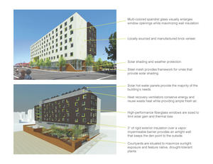 Graphic shows innovative bioclimatic design strategies used on this homeless resource center. - Photo Credit: Holst Architecture