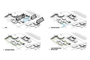 Four computer renderings show the site and its neighbors, along with the flow of treated wastewater and other building features. - Photo Credit: Miller Hull