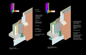 This image compares the wall section of 20 River Terrace with a typical New York City high-rise apartment building wall section. The text articulates measures taken at 20 River Terrace to maximize the thermal efficiency of the wall. - Photo Credit: Cesar Pelli & Associates