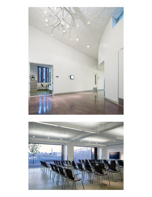 Interior photographs, showing double height lobby with tree-root chandelier & multipurpose room with folding glass doors to exterior courtyard - Photo Credit: © Paul Warchol