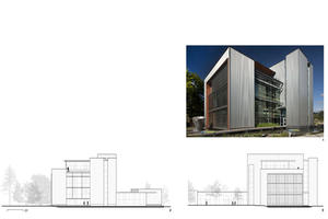 A photo and two computer drawings depict the southwest corner, the south elevation, and the west elevation. - Photo Credit: Nic Lehoux/Miller Hull