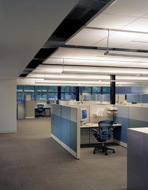 The design team modeled the lighting system to optimize lighting quality and minimize energy consumption. Suspended single-lamp T5 direct / indirect light fixtures, shown here, utilize the ceiling as a reflector, minimizing glare and providing 30 footcandles to accommodate VDT use. Perimeter lighting in open office areas and conference rooms is zone controlled to accommodate daylight harvesting. - Photo Credit: Mariusz Mizera