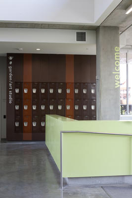 Homeless resource center's entrance, ramp, and lockers demonstrating adaptive reuse potential. - Photo Credit: Sally Schoolmaster