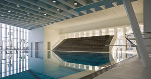 This interior photograph shows the swimming pool. - Photo Credit: Paul Crosby Studio