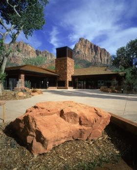 This photo shows the main entrance to the Zion Visitor Center. - Photo Credit: Robb Williamson