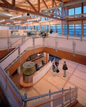 The CBF lobby is shown in this photograph from the second floor. - Photo Credit: Prakash Patel, courtesy of SmithGroup