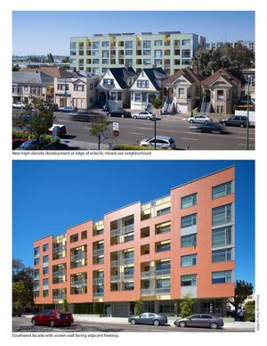 TOP: New high-density development at edge of eclectic mixed-use neighborhood; BOTTOM: Southwest facade with screen wall facing adjacent freeway - Photo Credit: Tim Griffith