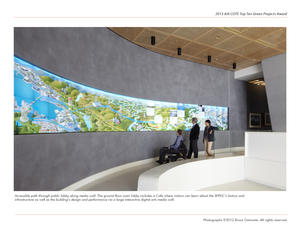 Accesible path through public lobby with a media wall where visitors can learn about the SFPUC's history and infrastructure, as well as design and performance - Photo Credit: Photographs ©2012 Bruce Damonte. All rights reserved.