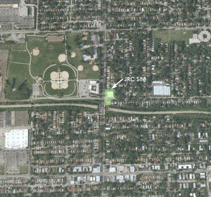 This aerial photograph shows the context of the Jewish Reconstructionist Congregation synagogue. - Photo Credit: Ross Barney Architects