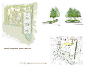This site analysis diagram, stormwater management plan diagram, and section of bioswales and rain gardens illustrate the approach to channeling, collecting, and cleansing the rainwater that runs off the parking lot. - Photo Credit: Courtesy of Stephen Stimson Associates Landscape Architects; © Google
