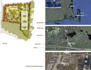 This site plan, context plan, and overview show how IFAW Headquarters is situated with respect to its region and immediate vicinity. An aerial photograph shows the site prior to restoration of brownfield. - Photo Credit: Courtesy of Stephen Stimson Associates Landscape Architects; © Google