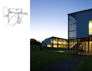 This concept sketch depicts the principal elements of the Headquarters design: three Cape Cod "sheds" around a central meadow. A photograph shows the completed project. - Photo Credit: © Peter Vanderwarker 2008