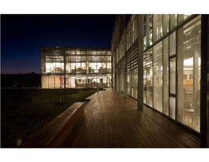 The boardwalk shown in this photograph wraps around the curtainwall of the Headquarters and frames the central focus of the site: the meadow. The landscape is planted with native species without need for irrigation and provides natural habitat for local wildlife. - Photo Credit: © Peter Vanderwarker 2008