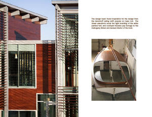 The design team found inspiration for the design from the Herschoff sailing skiff, popular on Cape Cod, shown in the photo at right. The street elevations recall the tight boarding of the white-painted hull, and courtyard facades, shown in the photo at left, pay homage to the mahogany-ribbed and -decked interior of the boat. - Photo Credit: © Peter Vanderwarker 2008