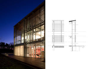 This photograph presents a view of the Headquarters exterior and interior. A detail drawing illustrates Jarrah wood louver construction. - Photo Credit: © Peter Vanderwarker 2008
