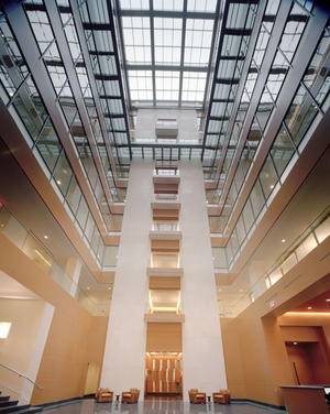This photograph shows the building's dramatic central atrium, which brings daylight deep into the building. - Photo Credit: Peter Aaron - Esto