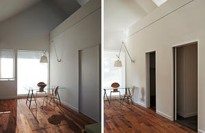 View of south window and winter light penetration (left). Conversely, the right images shows summer light penetration, as regulated by exterior shading device. - Photo Credit: Ken McCown