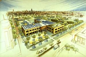 This architectural drawing shows an aerial view of the Center for Green Technology.