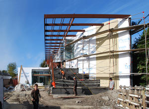 Construction view showing large overhang that shades the home - Photo Credit: Lawrence Scarpa