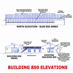These diagrams show several green building strategies used in Building 850. - Photo Credit: CTG Energetics, Inc.