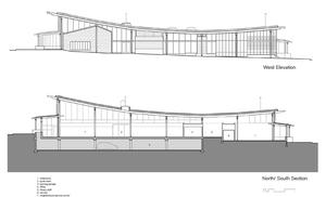 The west elevation, shown in this drawing, is the view of the front of the building. The section drawing shows the double height space in the main reading area. - Photo Credit: Bohlin Cywinski Jackson