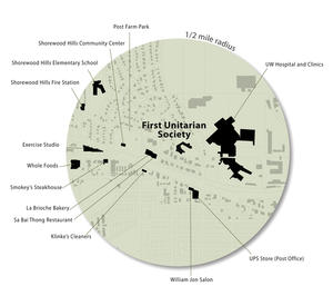 The map shows the First Unitarian Society's location in an urban, residential neighborhood near the University of Wisconsin-Madison campus. - Photo Credit: The Kubala Washatko Architects, Inc.
