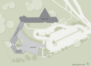 The 4.4 acre site, as seen in this computer rendering of the site plan, includes the original historic Frank Lloyd Wright-designed Meeting House and two later additions by Taliesen Architects. - Photo Credit: The Kubala Washatko Architects, Inc.