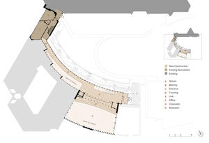 This computer rendering shows the upper floor of the addition, featuring the main entrance, the balcony, the gently curving crossing, and a link to the older B-Wing. - Photo Credit: The Kubala Washatko Architects, Inc.