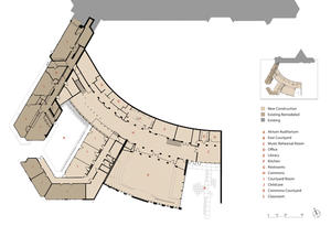 The lower level depicted in this computer rendering includes the atrium auditorium and space for music rehearsal as well as a library, kitchen, classrooms, offices, commons, and outdoor courtyards. - Photo Credit: The Kubala Washatko Architects, Inc.