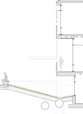 This section drawing shows the exterior shading system as well as the sloped garden-level light well. - Photo Credit: VJAA