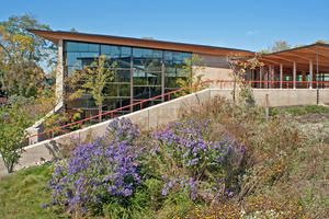 As seen in the photo, the new building design takes advantage of the steeply sloping southern end of the site. A rain garden in the foreground helps retain virtually all stormwater on site. - Photo Credit: The Kubala Washatko Architects, Inc. / Zane Williams